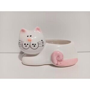 Cozy Cat Pottery Planter White Pink Figurines Decor 3"×5"
